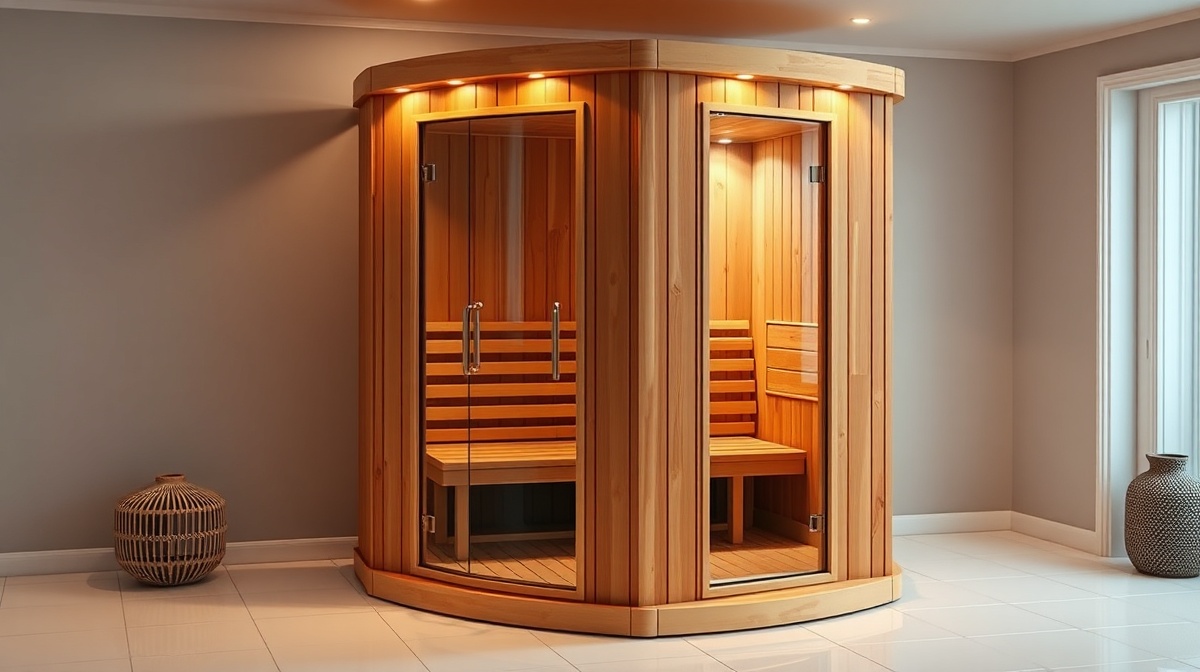 Two-person indoor infrared sauna cabin with Canadian Hemlock wood panels and tempered glass door in a bright home wellness room