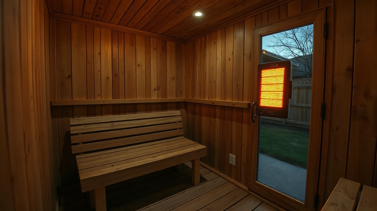 Four-person outdoor cedar cabin sauna with a wide two-tiered bench layout and a glowing infrared heater, set in a backyard at dusk