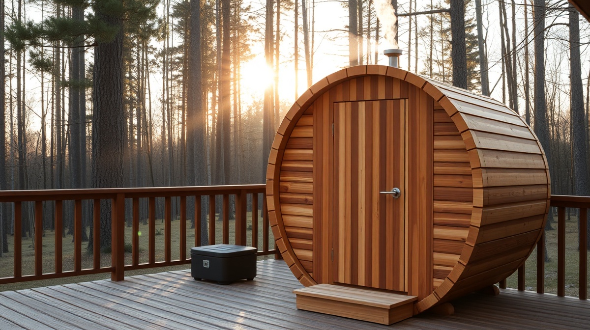 A cedar barrel sauna with a glass door sits on a wood deck surrounded by pine trees, steam rising from a rooftop vent at dusk