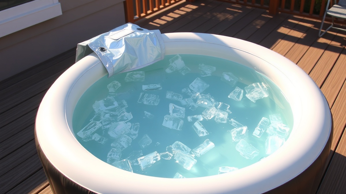 A portable inflatable cold plunge tub filled with ice water, set up on a backyard patio with a cover partially rolled back
