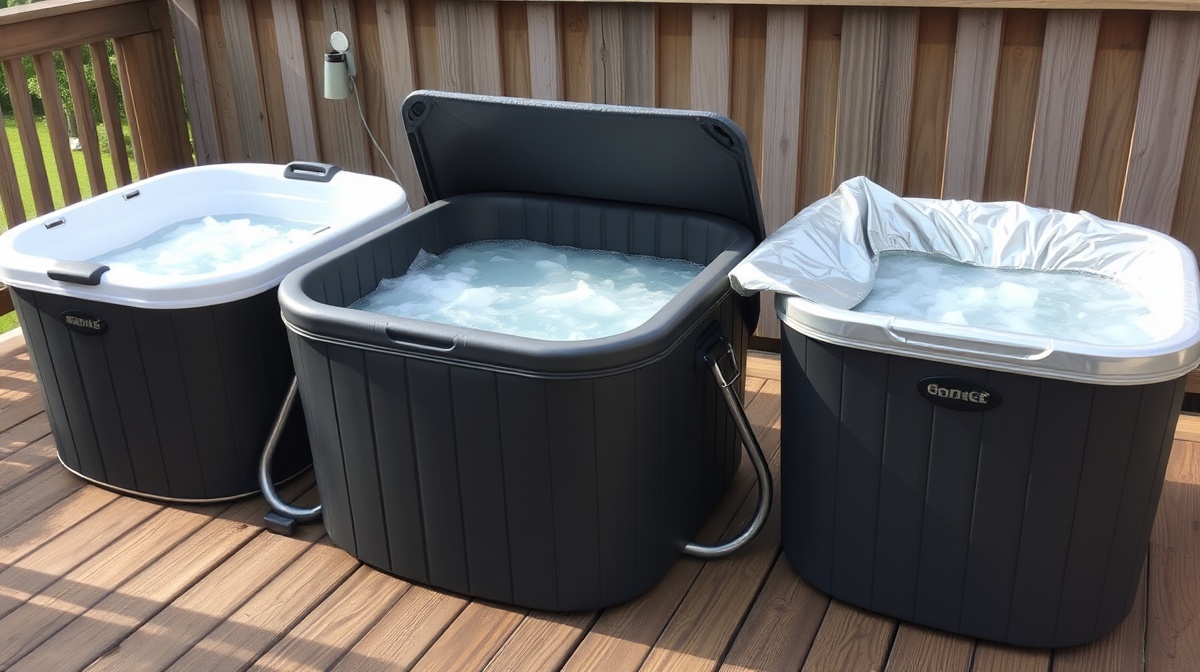 A stainless-steel cold plunge tub filled with cold water sitting in a garage beside recovery gear and a thermometer.