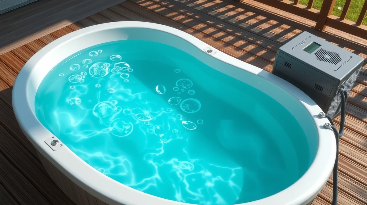 A matte black oval cold plunge tub with a connected water chiller unit sitting beside it on a wooden deck, water hoses running between the two units