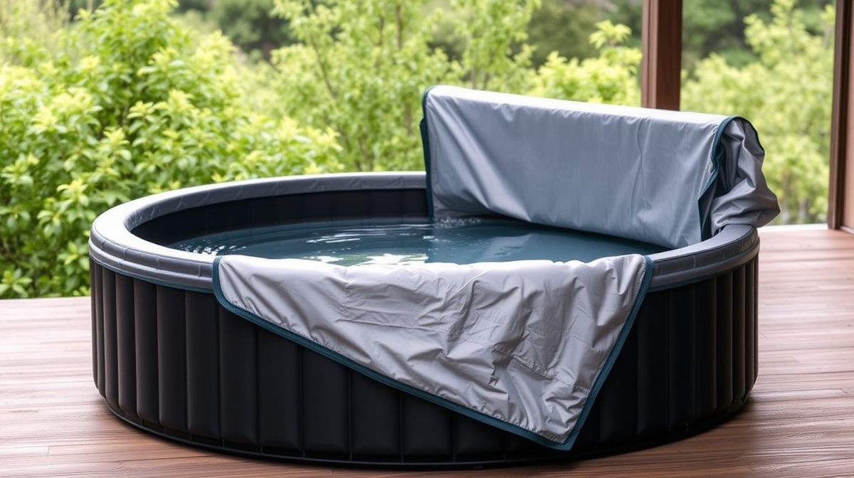 Structured round cold plunge tub with insulated UV-reflective cover sitting on a wooden deck outdoors, filled with cold water