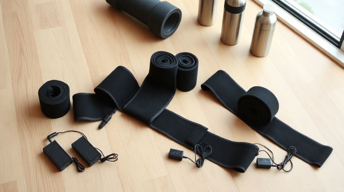 Four pneumatic compression boots laid out on a gym floor next to a foam roller and water bottle, showing different sizes and controller styles