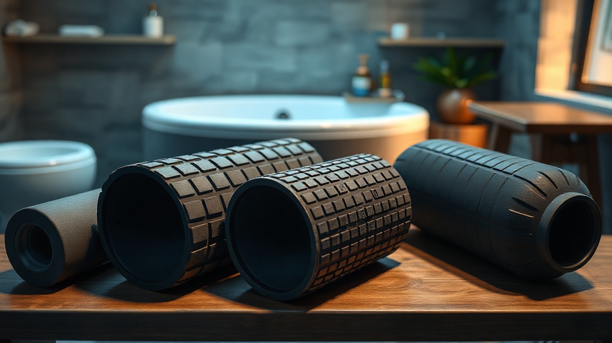 A foam roller and muscle roller stick resting on a wooden bench near a cold plunge tub, with steam visible in the background from a nearby sauna