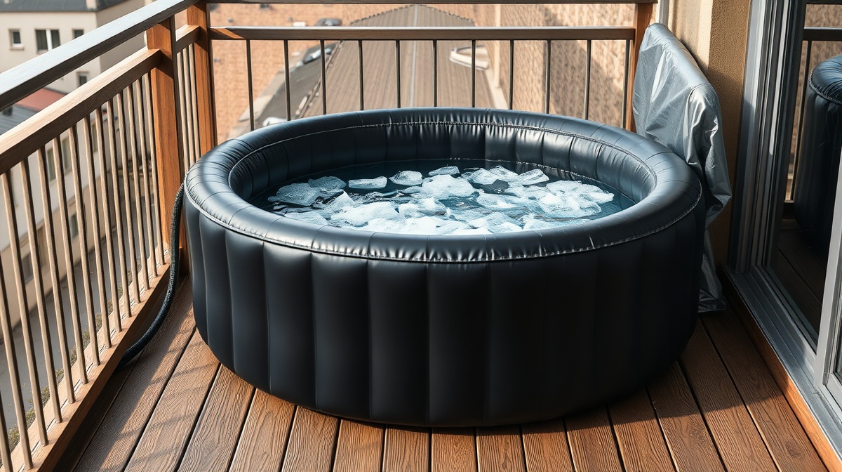 A round inflatable cold plunge tub filled with ice water on an apartment balcony, with an insulated cover folded to one side