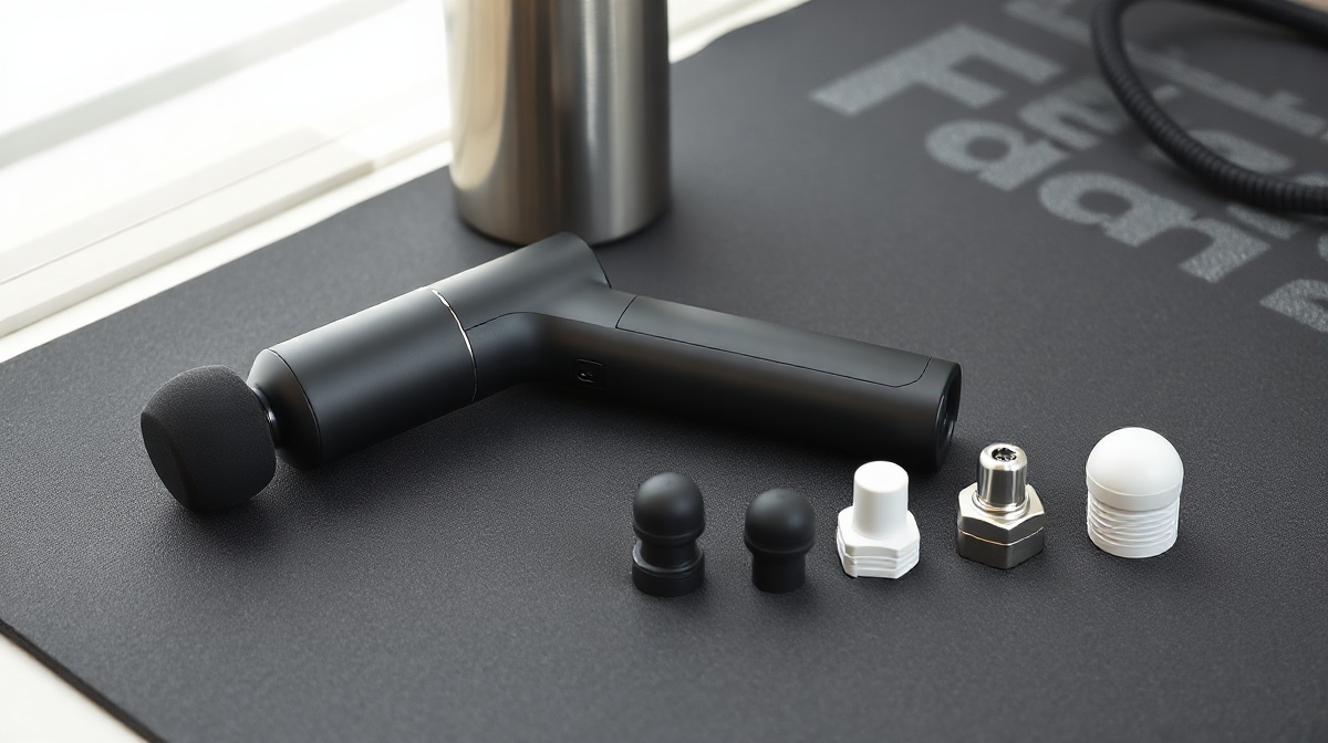 A brushless percussion massage gun with multiple attachment heads laid out on a dark athletic mat next to a water bottle and foam roller