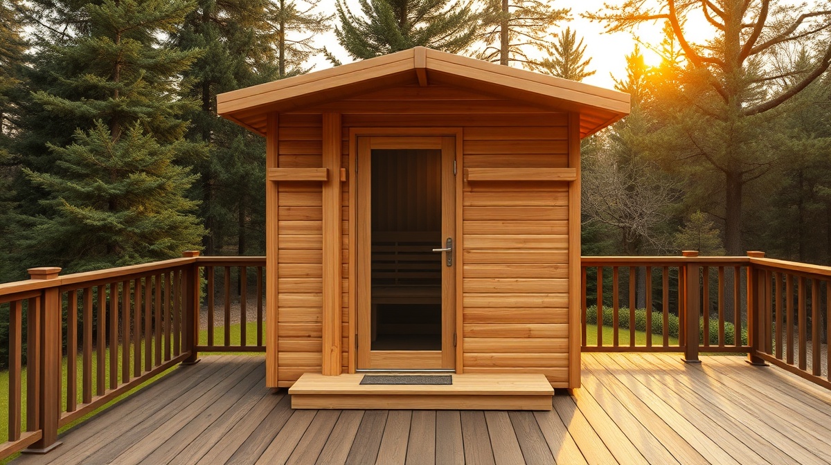 A cedar outdoor cabin sauna sitting on a wooden deck surrounded by trees, with steam visible through the glass door