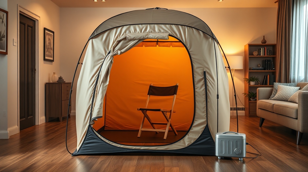A portable infrared sauna blanket unrolled on a hardwood floor next to a folded towel and water bottle, lit by warm ambient light
