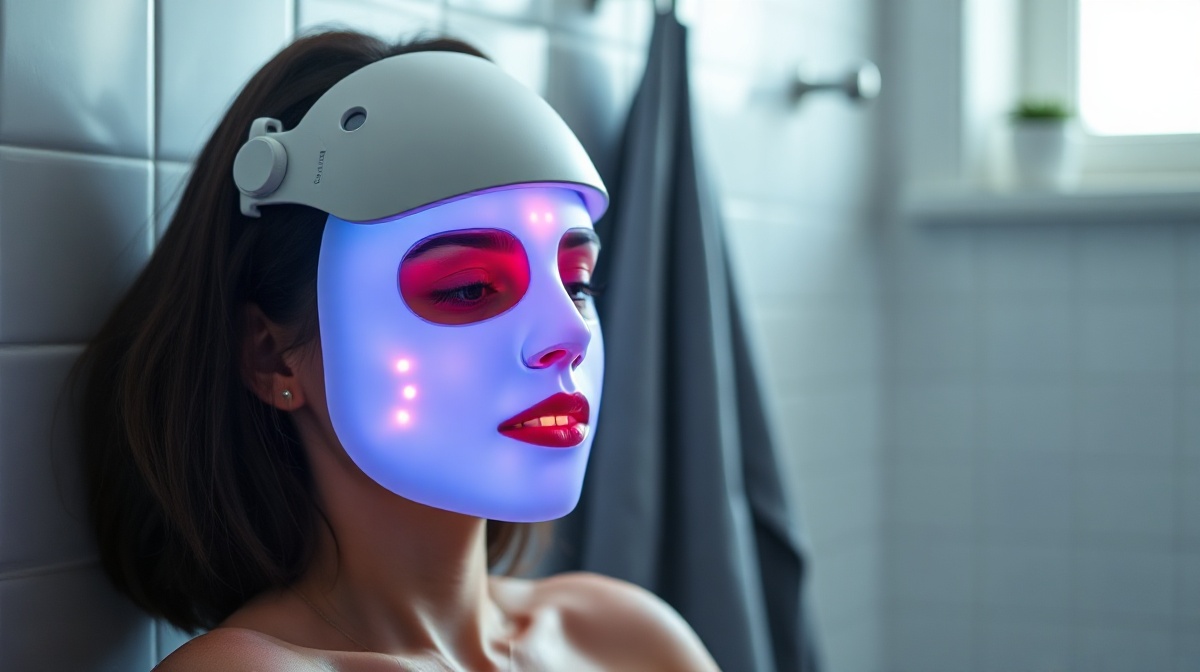 Close-up of a person wearing a wearable LED red light therapy face mask with glowing red and near-infrared lights against a clean bathroom background