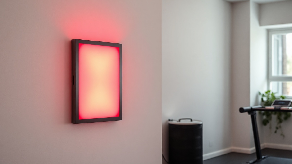A wall-mounted red light therapy panel emitting red and near-infrared light in a clean home wellness room
