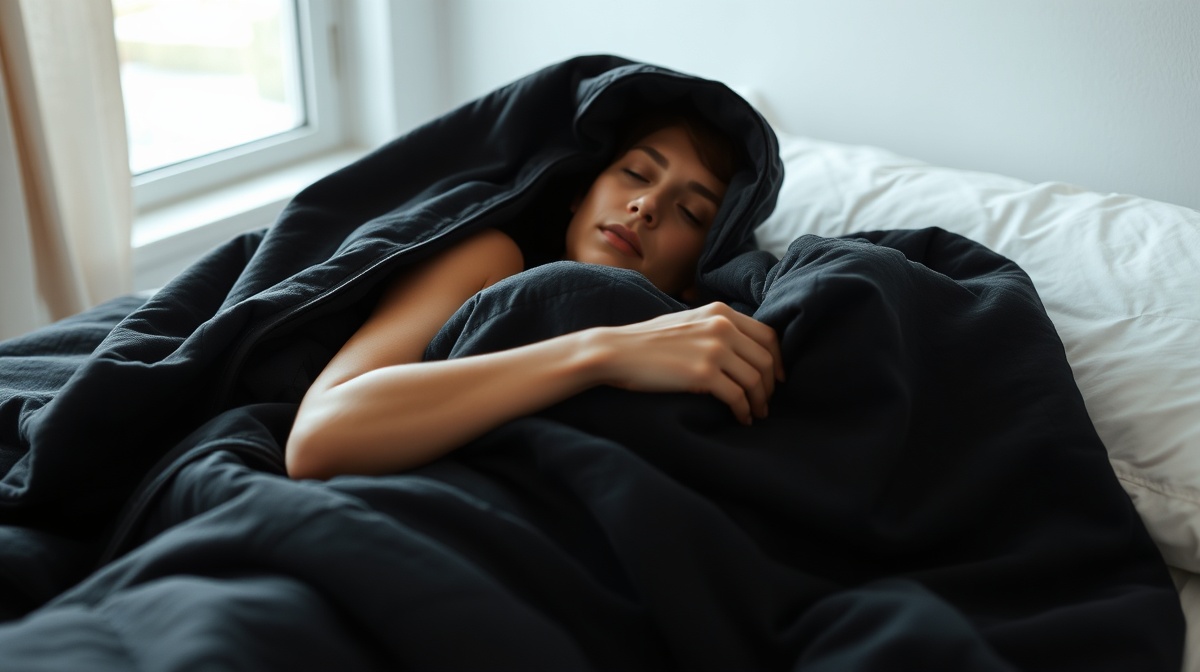 Person lying in an infrared sauna blanket on a bed, with the blanket zipped up and a soft ambient light in the background