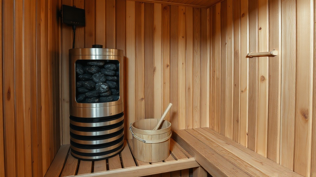 A compact wood-paneled traditional steam sauna interior with glowing electric heater and sauna stones, wooden bucket and ladle on the bench beside a small hourglass