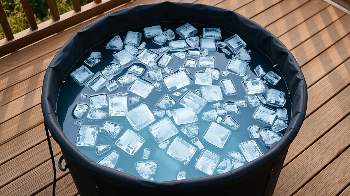 Portable cold plunge tub filled with ice water sitting outdoors on a wooden deck, ready for use