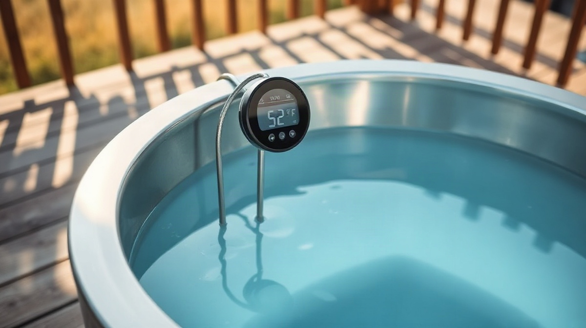 A stainless steel cold plunge tub outdoors with a digital thermometer probe resting on the rim, displaying a temperature reading near 52°F