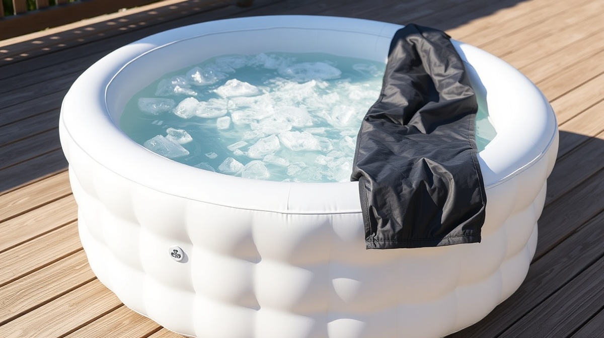 A stainless steel cold plunge tub filled with clear cold water sitting next to a simple stock tank ice bath on a wooden deck, both ready for use.