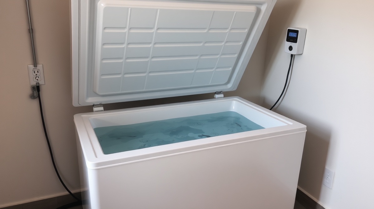A chest freezer converted into a DIY cold plunge, showing the open lid with clear cold water inside, a temperature probe clipped to the side, and an Inkbird temperature controller mounted on the exterior.