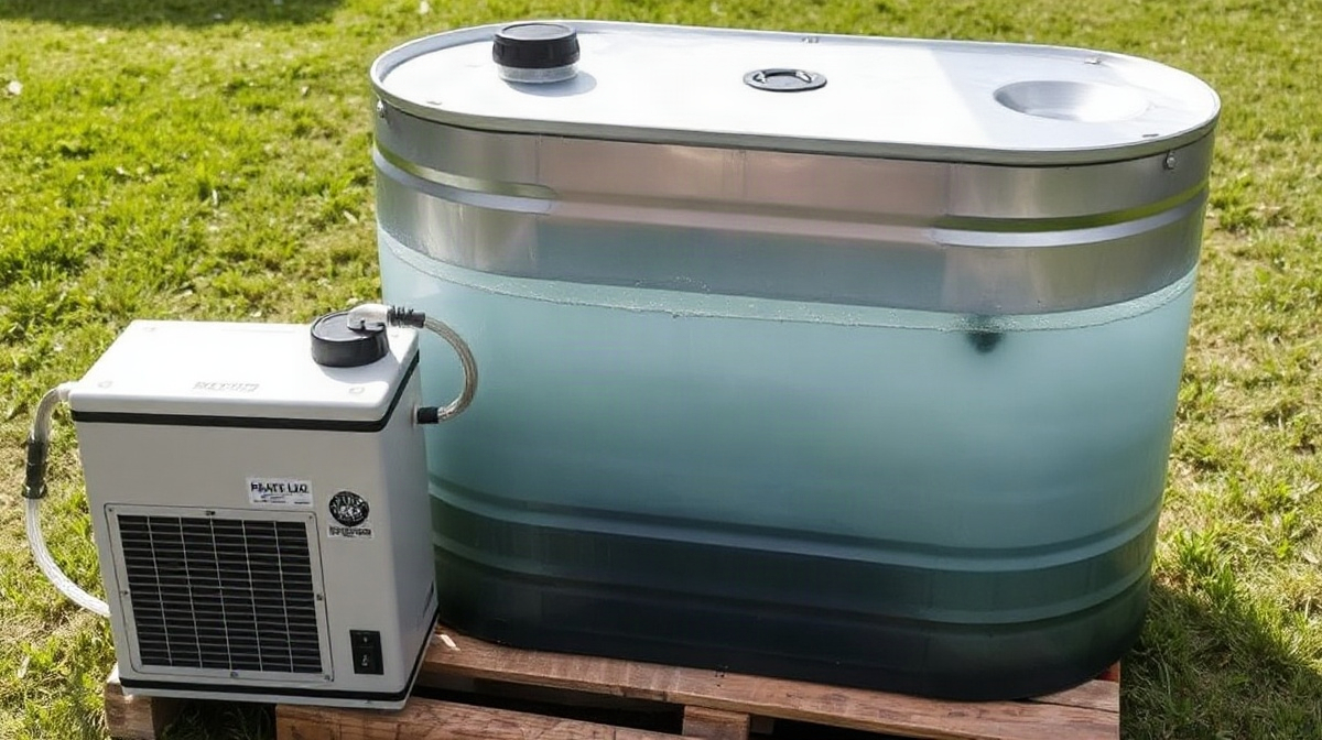 A galvanized 100-gallon stock tank set up as a DIY cold plunge in a backyard, with foam insulation wrapped around the exterior and a connected water chiller unit on a wooden platform beside it.