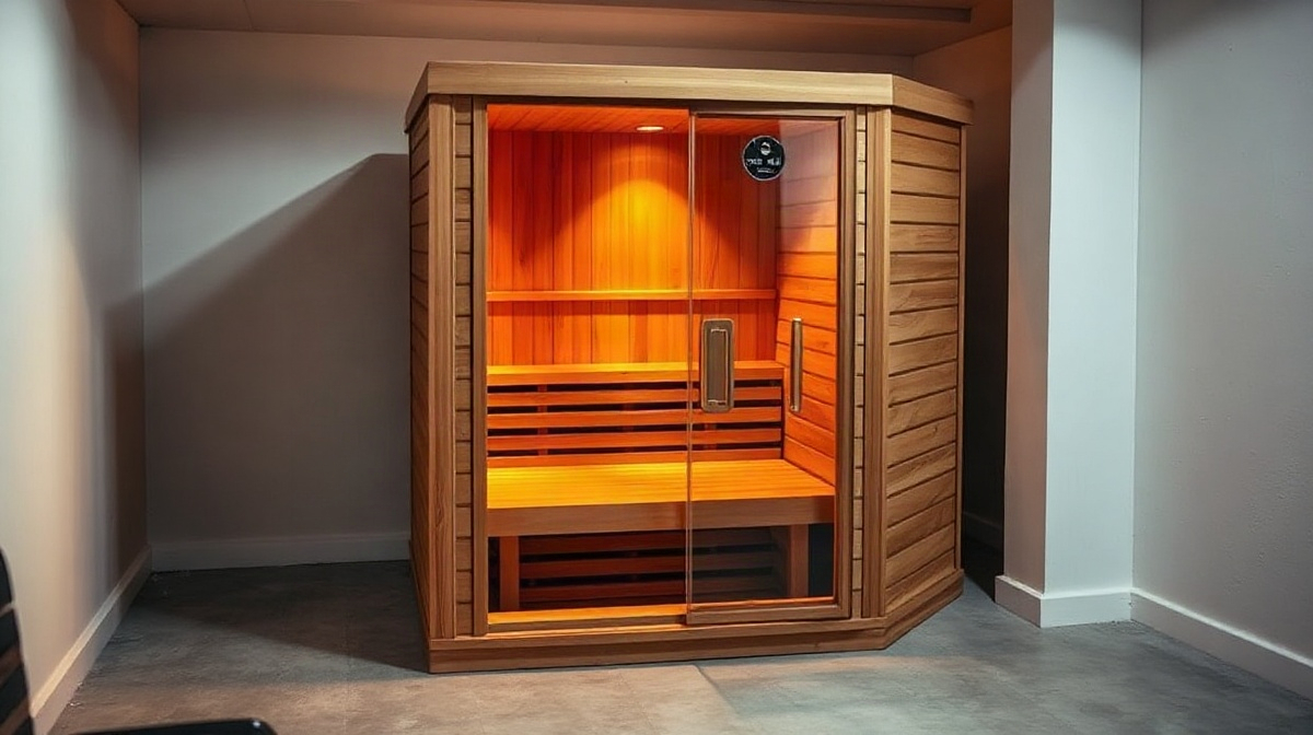 A compact two-person far infrared sauna cabin with hemlock wood panels and warm interior lighting in a finished home basement