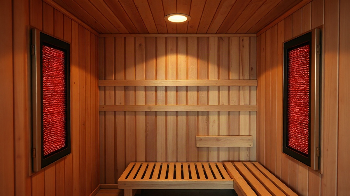 Interior of a two-person full-spectrum infrared sauna cabin with wooden bench, glowing carbon panel heaters, and soft red-light therapy panels mounted on the wall