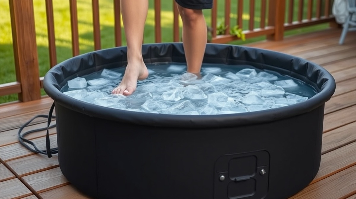 A person stepping into a portable outdoor cold plunge tub filled with cold water and ice, surrounded by a wooden deck