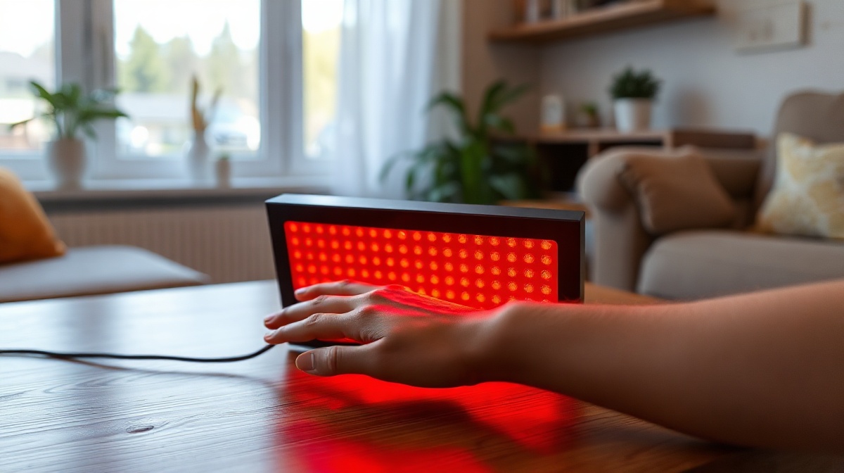 Person using a red light therapy panel positioned at close range on a wooden surface in a home setting