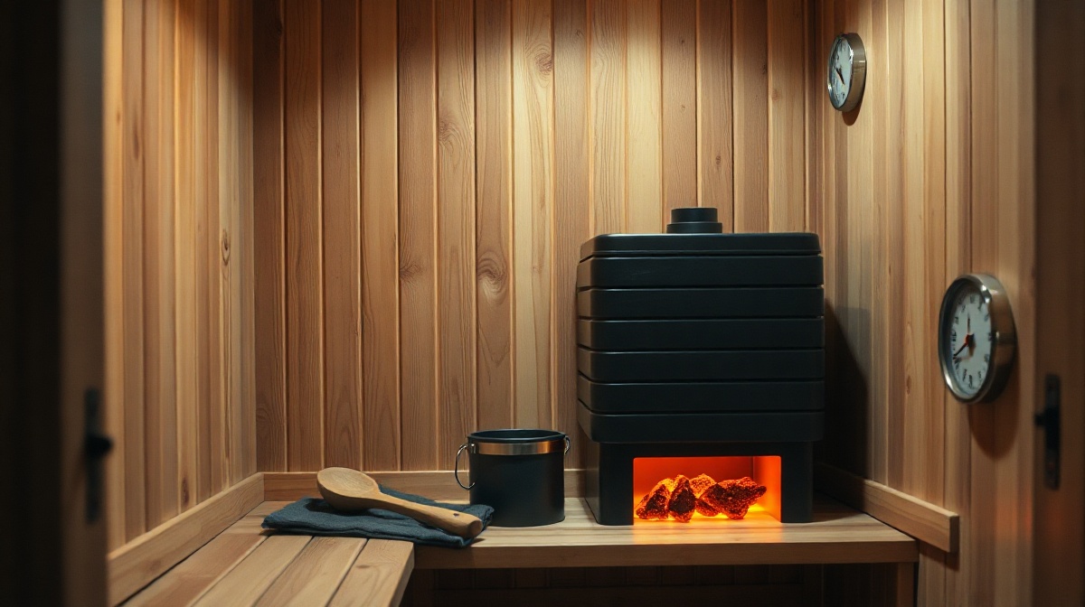 A wood-paneled indoor home sauna with glowing electric heater rocks and a thermometer on the bench wall