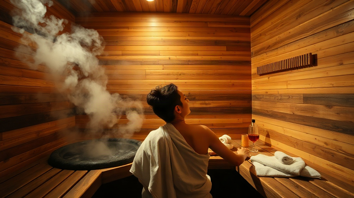 Person sitting inside a traditional Finnish wood-paneled sauna, steam rising from heated rocks, soft warm lighting
