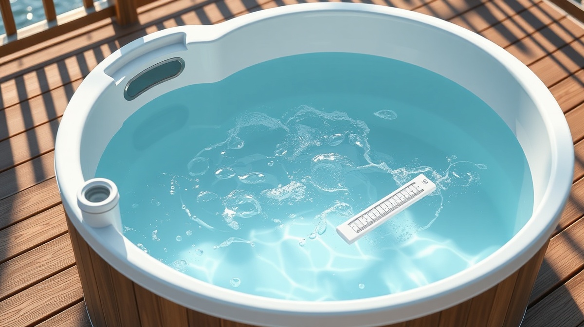 A clean residential cold plunge tub with clear blue water, surrounded by wooden decking, with a filter cartridge and test strips visible nearby.