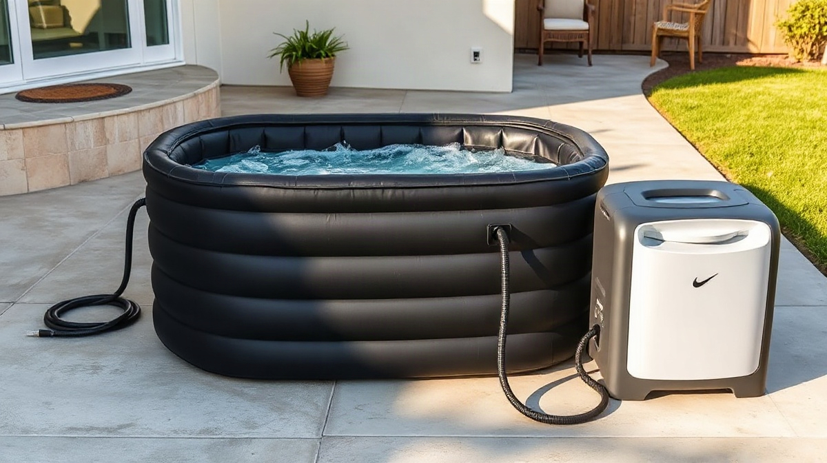 A stainless-and-black cold plunge tub with a compact chiller unit connected by insulated hoses, sitting on a concrete patio