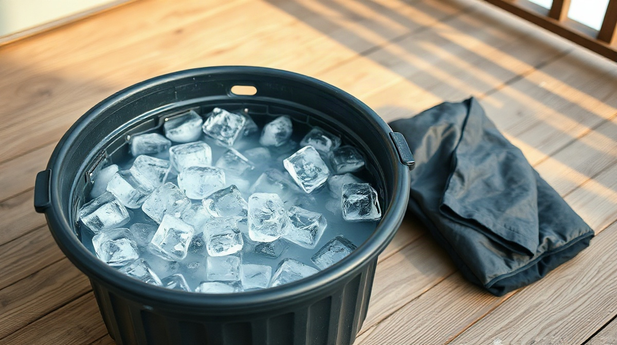 A round portable ice bath tub filled with water and ice cubes, set up on a wooden deck outdoors in natural daylight
