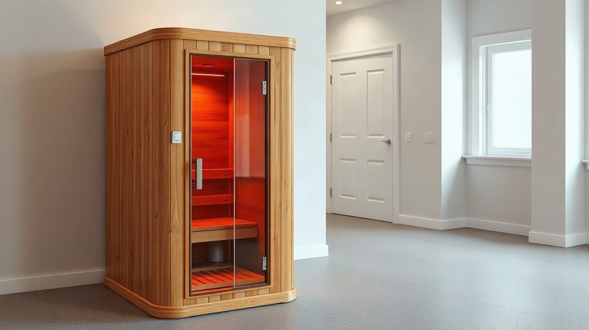 A one-person infrared cabin sauna with hemlock wood panels and glowing infrared heaters, set up in a clean home gym space