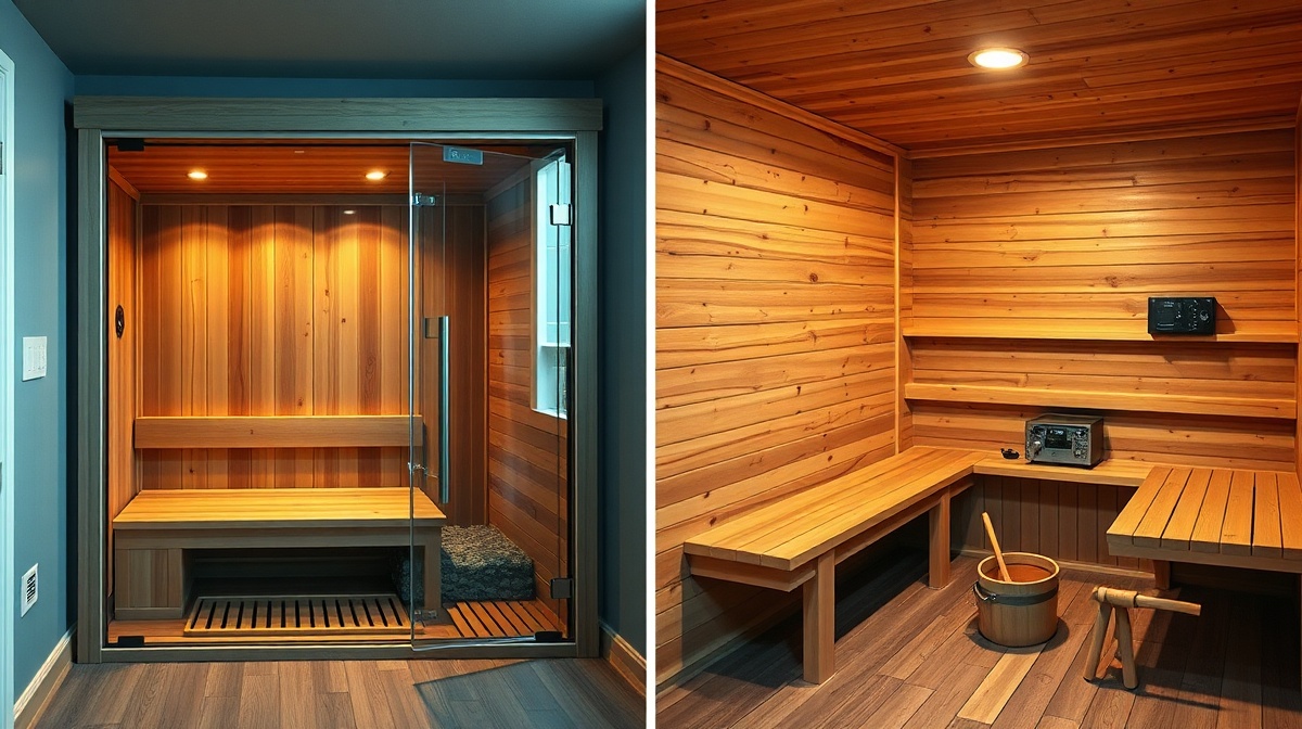 A side-by-side view of a wood-paneled infrared sauna cabin with carbon fiber heating panels and a traditional Finnish sauna with a rock heater and steam, both in home settings.