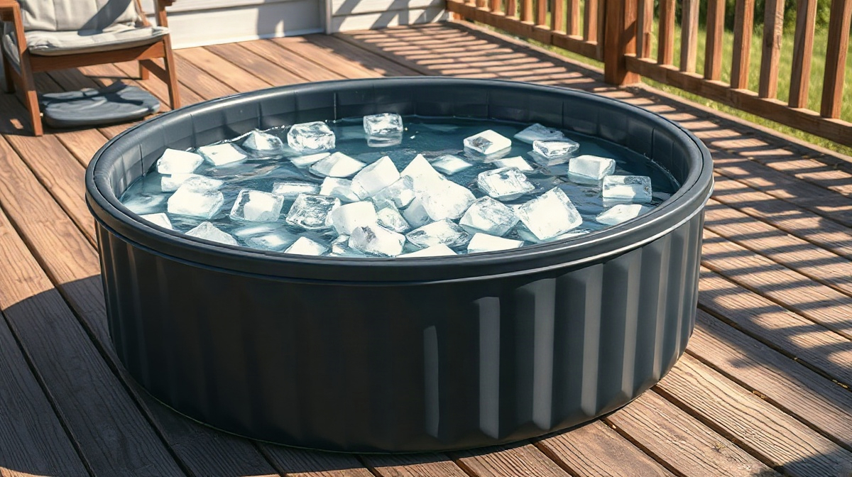 A black inflatable portable ice bath filled with water and ice cubes sitting on a wooden deck outdoors, ready for use.