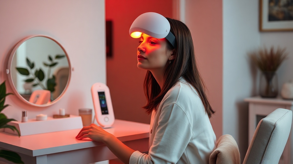 A woman using a red LED light therapy mask at home, seated in front of a mirror with warm red light illuminating her face