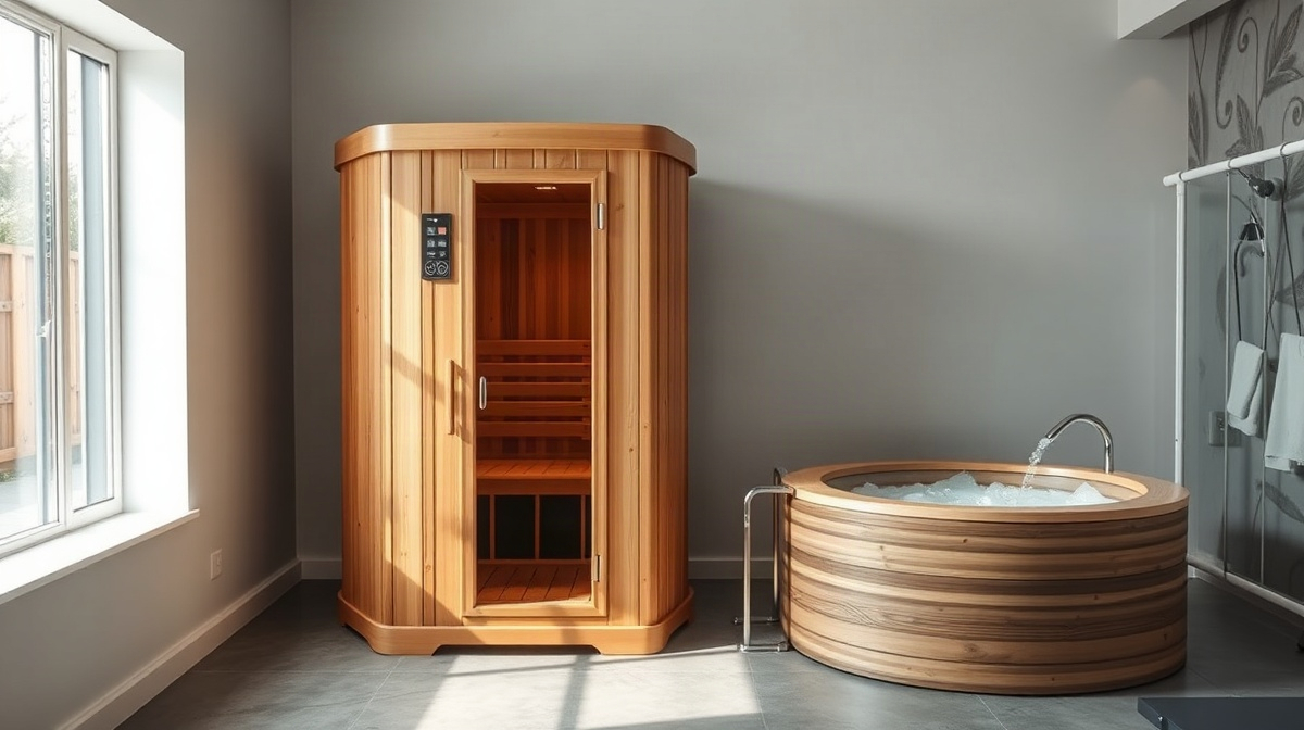 A portable infrared sauna cabin beside a cold plunge tub in a home gym, set up for contrast therapy