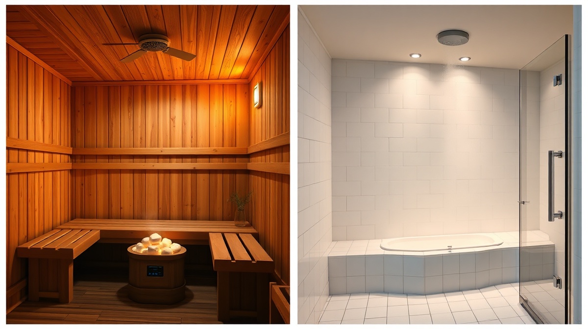 Side-by-side view of a wood-paneled dry sauna interior and a tiled steam room interior, showing the contrast in materials and atmosphere